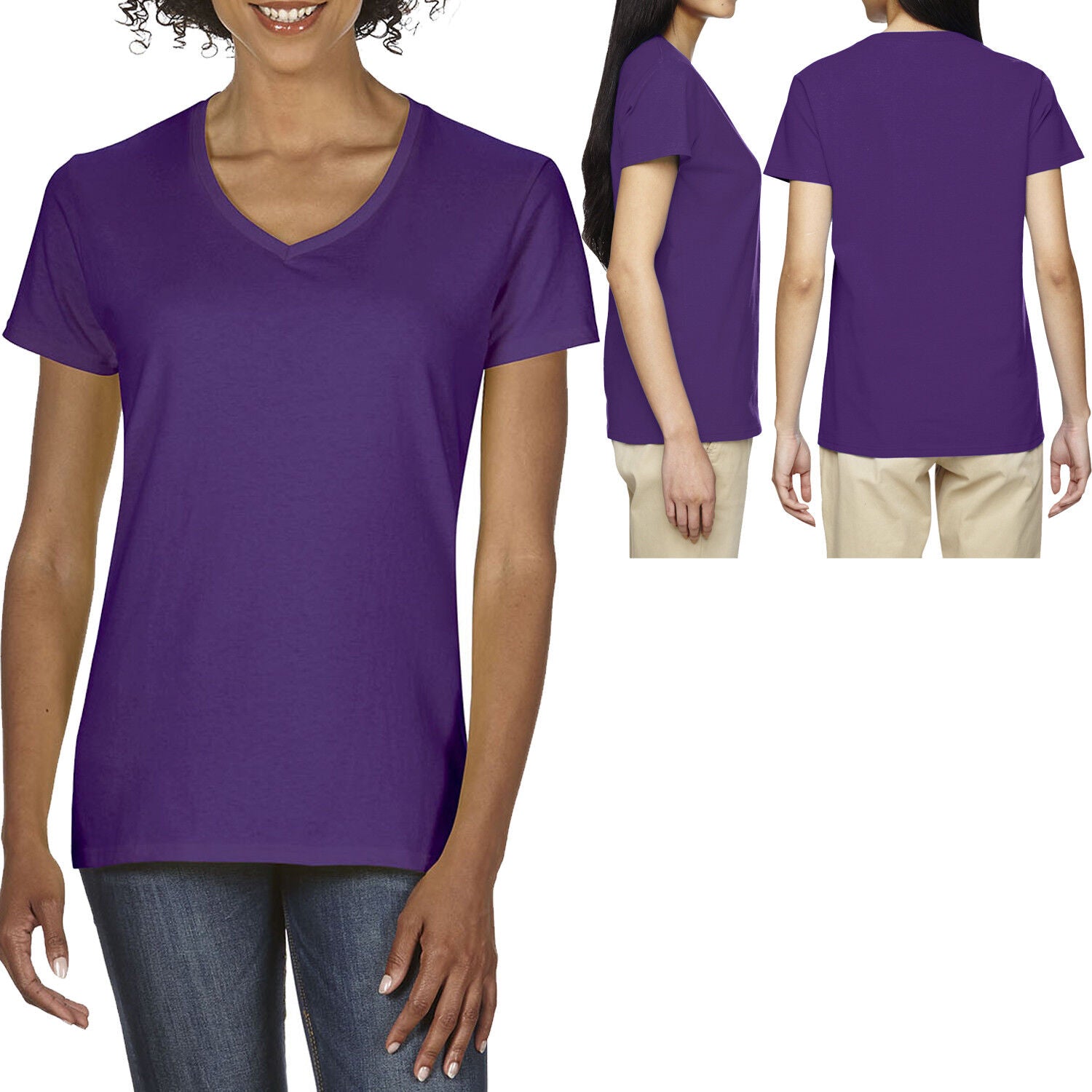 Plus Size Ladies V-Neck T-Shirt 100% Cotton Womens Tee Top Missy Fit XL 2XL 3XL