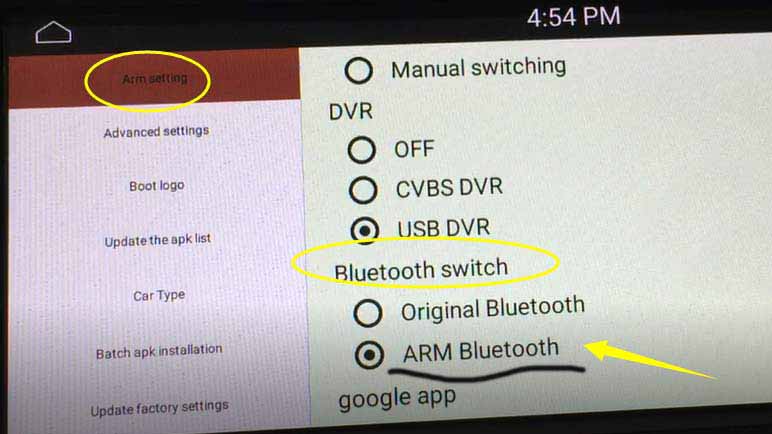 Settings for bluetooth: choose ARM Bluetooth
