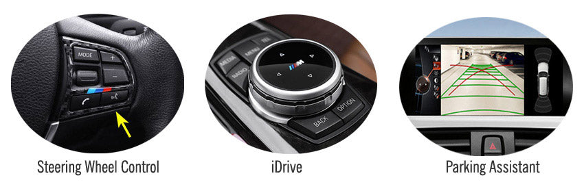bmw android navigation screen support idrive, steering wheel control, parking system function