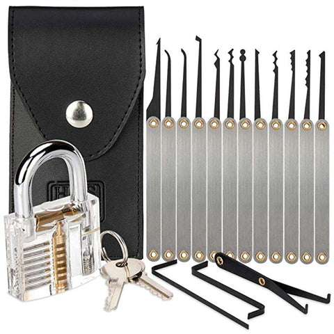 12Pcs Unlocking Lock Pick Set Key Extractor Tool + Transparent Lock Padlock