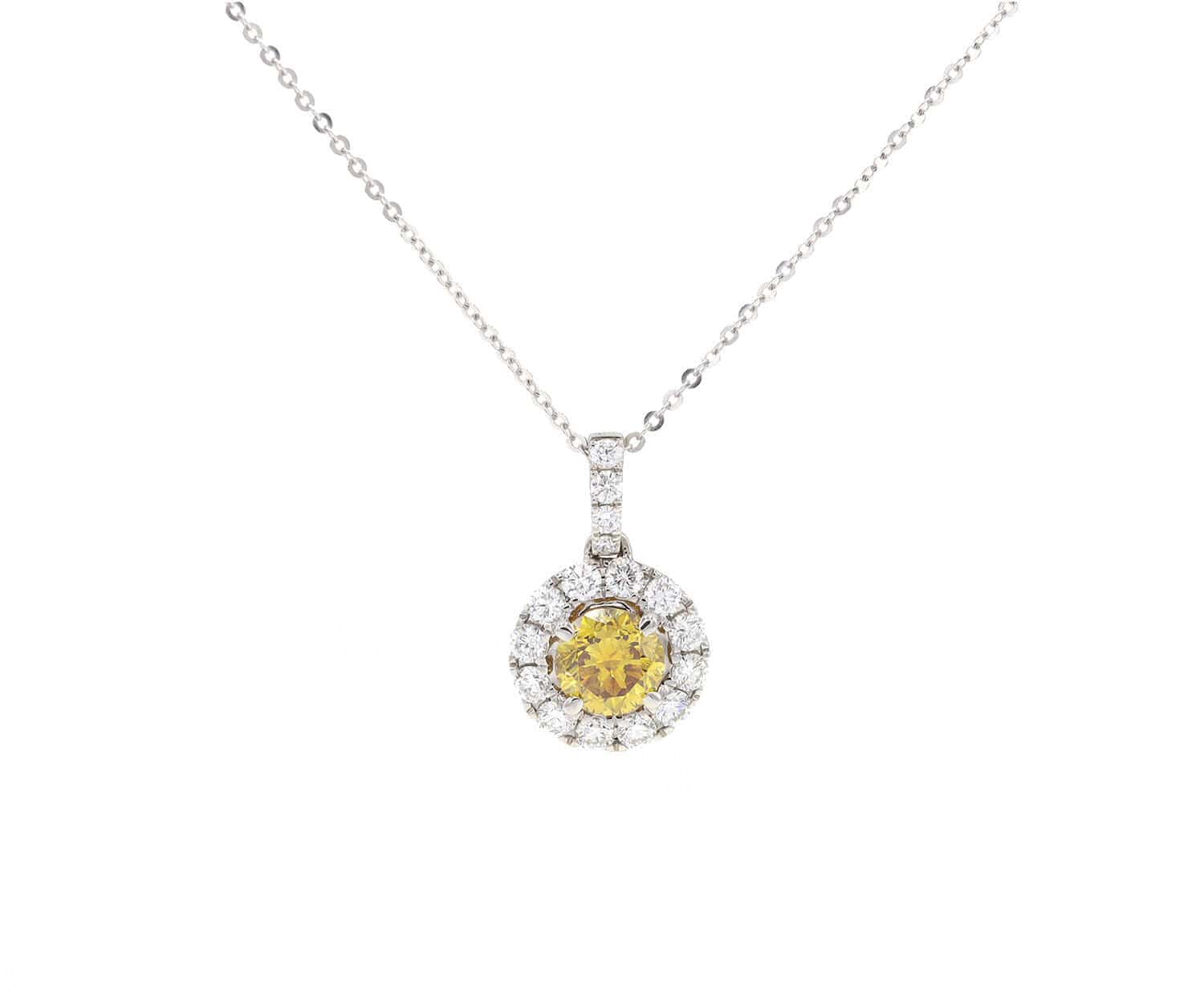 1.70ctw Round Orange and White Diamond Halo Pendant Necklace in 14K