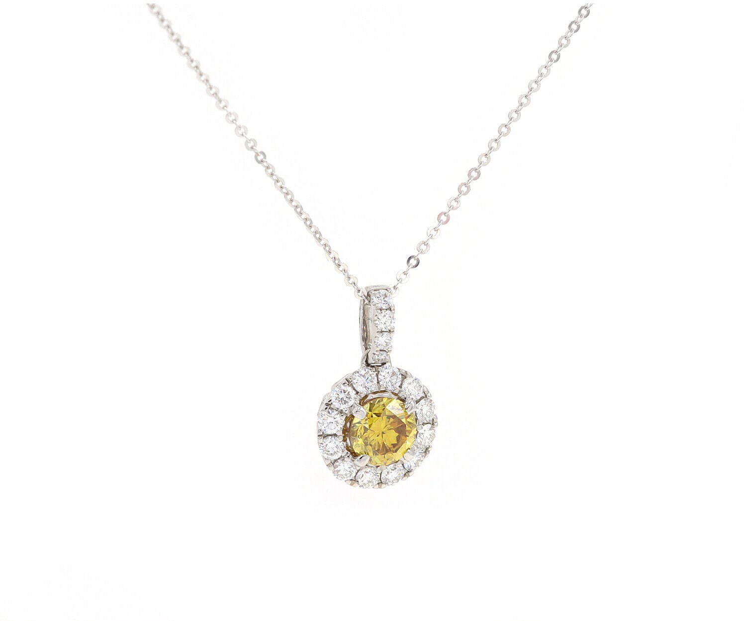 1.70ctw Round Orange and White Diamond Halo Pendant Necklace in 14K