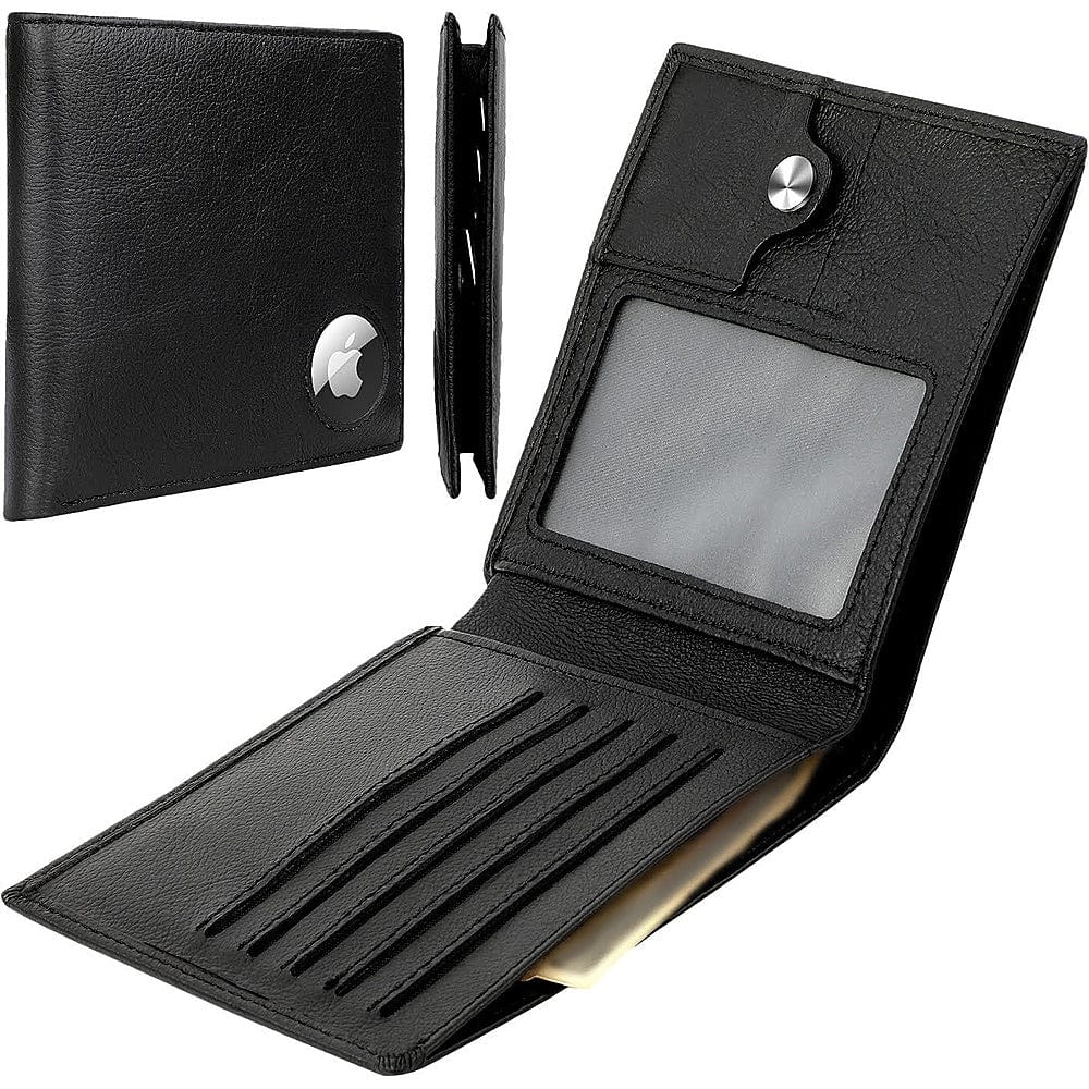 Genuine Leather Wallet Case for Apple AirTag - Black