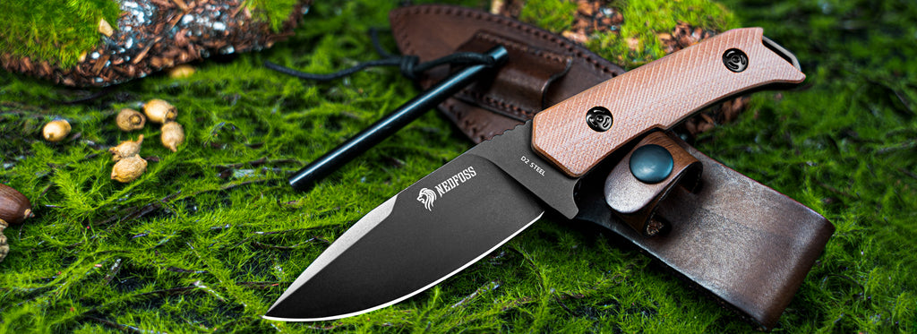 NedFoss Boar Fixed Blade Knfie,  D2 Steel Full Tang Bushcraft Survival Knife with  G10 Handle, Comes With a Fire Starter and Leather Sheath