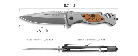 Tactical Folding Knife with Glass Breaker and Seatbelt Cutter, Pocket Clip, Skull G10 Handle