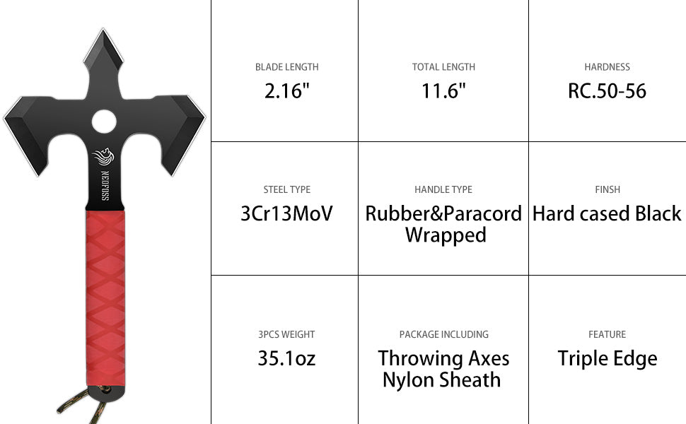 Ares Throwing Axes, Pack of 3, Full Tang Throwing Axe with TPR Rubber Handle