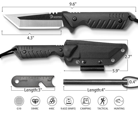 NedFoss Dragon Fixed Blade Knife with Kydex Sheath and Fire Starter, 440C Full Tang Blade, G10 Handle