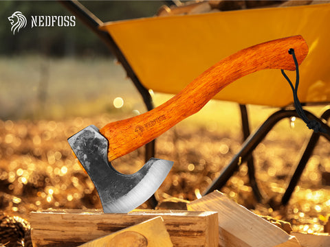 NEDFOSS Camping Hatchet Axe, Viking Axe with Steel Wedge, Hand Forged Hatchets for Camping and Survival ,Wooden Handle Bushcraft Axe with Sheath, Gift for Men
