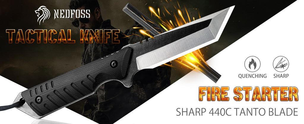 NedFoss Dragon Fixed Blade Knife with Kydex Sheath and Fire Starter, 440C Full Tang Blade, G10 Handle