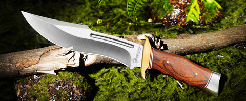 NedFoss SA78 Fixed Blade Bowie Knife with Leather Sheath, 7'' 440 Blade Hunting Knife Survival Knives with Wood Handle