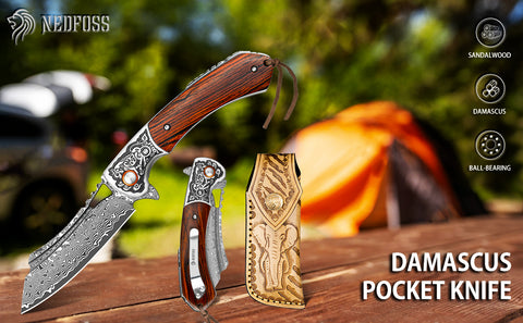 UNICORN Damascus Pocket Knife with Leather Sheath, VG10 Steel Blade with Sandalwood Handle