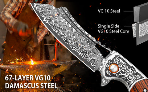 UNICORN Damascus Pocket Knife with Leather Sheath, VG10 Steel Blade with Sandalwood Handle