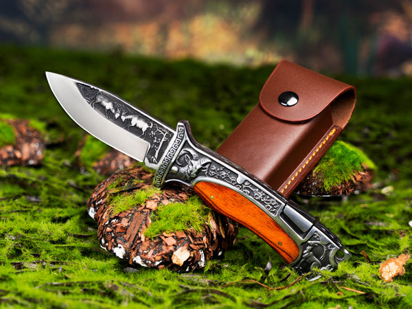 Rams Folding Pocket Knife with Engraved Blade and Wood Handle