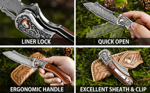 UNICORN Damascus Pocket Knife with Leather Sheath, VG10 Steel Blade with Sandalwood Handle