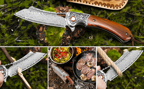 UNICORN Damascus Pocket Knife with Leather Sheath, VG10 Steel Blade with Sandalwood Handle