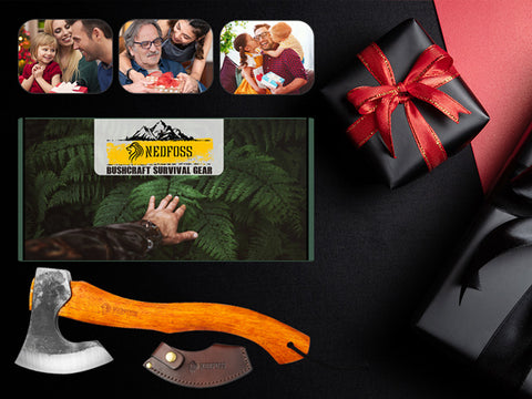 NEDFOSS Camping Hatchet Axe, Viking Axe with Steel Wedge, Hand Forged Hatchets for Camping and Survival ,Wooden Handle Bushcraft Axe with Sheath, Gift for Men