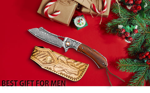 UNICORN Damascus Pocket Knife with Leather Sheath, VG10 Steel Blade with Sandalwood Handle