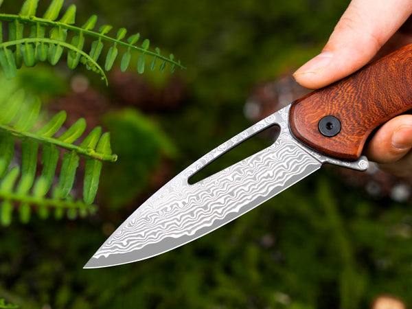 Mustang EDC Damascus Pocket Knife,  Damascus Steel Blade with Rosewood Handle