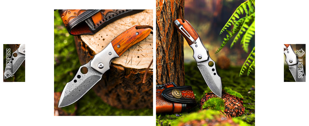 Parrot  Damascus Pocket Knife with Sandalwood Handle, Comes With Leather Sheath