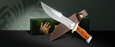 NedFoss SA78 Fixed Blade Bowie Knife with Leather Sheath, 7'' 440 Blade Hunting Knife Survival Knives with Wood Handle