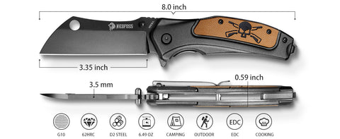 Mieba Pocket Knife for Men, D2 Steel Blade Folding Cleaver Pocket Knives with Clip, Unique Skull G10 Handle, Black Tactical Camping EDC Knife