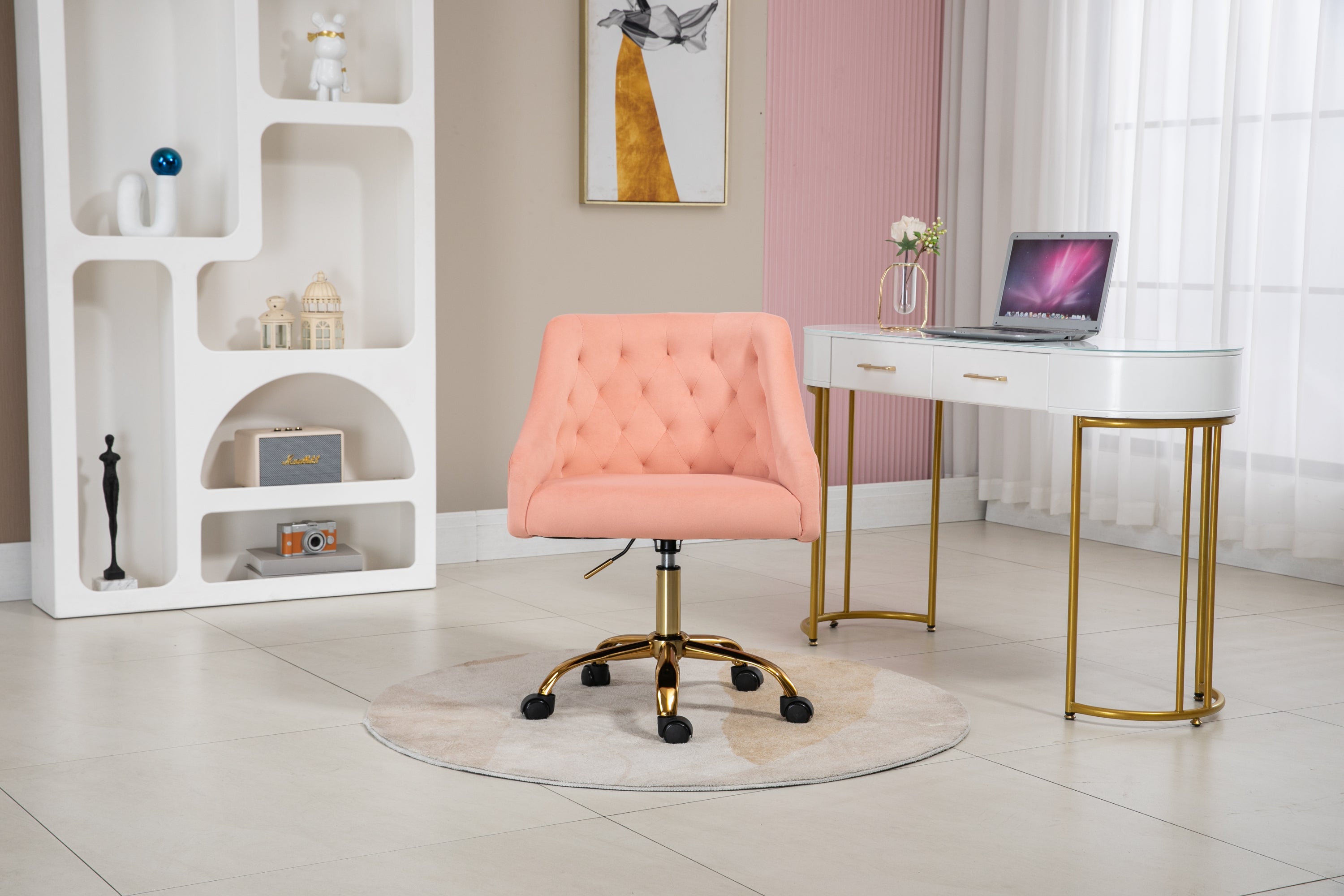 Velvet Fabric Pink Desk Chair for Home Office