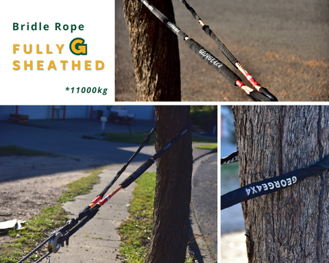 George4x4 Bridle Rope is constructed of a unique ultra-high molecular weight polyethylene material(UHMWPE), It is extremely high-strength and low-stretch. This Bridle rope has been fully sheathed into one piece, can be used as a tree trunk protector and extension for kinetic rope or snatch strap. UV resistant, waterproof and more durable Very light, can float in water Both ends have protective sleeves and are fully sheathed Australian-made, Australian tested 11mm, Minimum Breaking force rated 11000kg