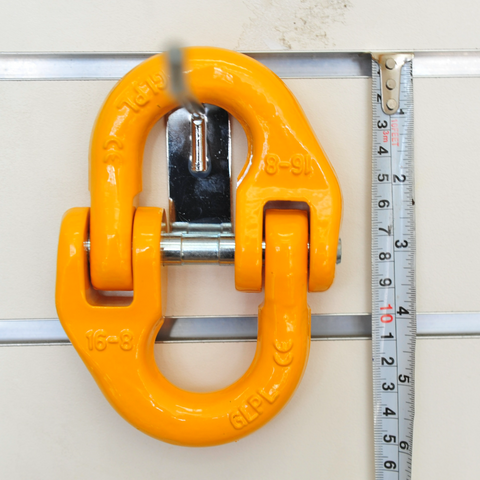 A hammerlock, a link that connects chains to other fittings when the chain link is too small. Made of high-quality alloy steel, drop forged and heat-treated for strength and flexibility. Easy to assemble and disassemble, often used to connect winch hooks to steel cable/synthetic winch rope. Consist of two separate body pieces, a tapered shaft, and a sleeve Size: 16mm WLL: 8.0ton BS: 24.0ton Grade: 80 (T8) Test certificate supplied upon request