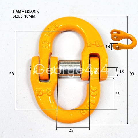 A hammerlock, a link that connects chains to other fittings when the chain link is too small. Made of high-quality alloy steel, drop forged and heat-treated for strength and flexibility. Easy to assemble and disassemble, often used to connect winch hooks to steel cable/synthetic winch rope. Consist of two separate body pieces, a tapered shaft, and a sleeve Size: 10mm WLL: 3.15ton BS: 12.6ton Grade: 80 (T8) Test certificate supplied upon request Pin comes with Oxygen Black or Galv. randomly