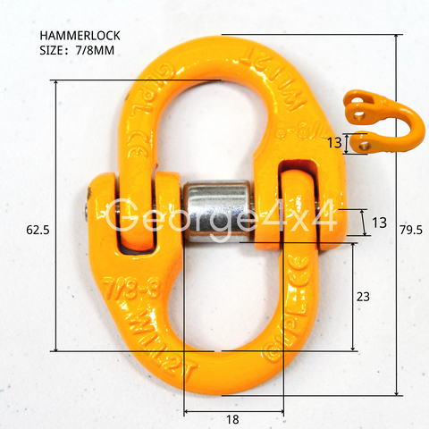A hammerlock, a link that connects chains to other fittings when the chain link is too small. Made of high-quality alloy steel, drop forged and heat-treated for strength and flexibility. Easy to assemble and disassemble, often used to connect winch hooks to steel cable/synthetic winch rope. Consist of two separate body pieces, a tapered shaft, and a sleeve Size: 7/8mm WLL: 2ton BS: 8.0ton Grade: 80 (T8) Test certificate supplied upon request Pin comes with Oxygen Black or Galv. randomly