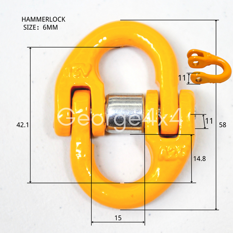 A hammerlock, a link that connects chains to other fittings when the chain link is too small. Made of high-quality alloy steel, drop forged and heat-treated for strength and flexibility. Easy to assemble and disassemble, often used to connect winch hooks to steel cable/synthetic winch rope. Consist of two separate body pieces, a tapered shaft, and a sleeve Size: 6mm WLL: 1.12ton BS: 4.48ton Grade: 80 (T8) Test certificate supplied upon request Pin comes with Oxygen Black or Galv. randomly