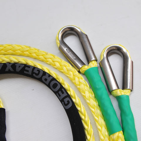 George4x4 Bridle Rope is constructed of a unique ultra-high molecular weight polyethylene material(UHMWPE), also known as Dyneema/Spectra. It is extremely high-strength and low-stretch. Description:  Waterproof and more durable Made of UHMWPE rope, very light, can float in water High Abrasion resistance and good UV resistance No stretch, easy handling Hard Eye designed-Heavy duty Reinforced eyelets with STAINLESS STEEL THIMBLE Australian-made, Australian tested FEATURES:  10mm, rated breaking 9500kg