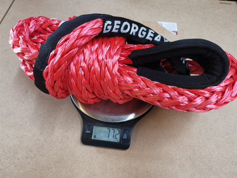 George4x4 Bridle Rope is constructed of a unique ultra-high molecular weight polyethylene material(UHMWPE), also known as Dyneema/Spectra. It is extremely high-strength and low-stretch. Description: UV resistant, waterproof and more durable Very light, can float in water Both ends have protective sleeves and one sliding sleeve on the middle Australian-made, Australian tested Features: 14mm, rated 18000kg Visible colour-red