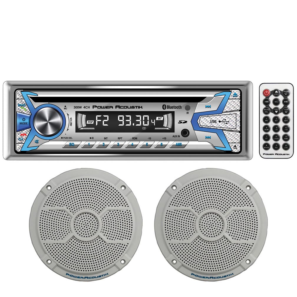  Power Acoustik MCD1265 1-DIN CD/MP3 AM/FM USB AUX BT w/Pair 6.5" Marine Speakers 