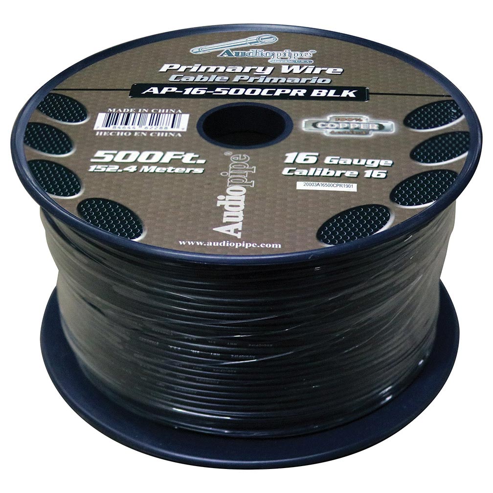  Audiopipe 16 Gauge 100% Copper Series Primary Wire - 500 Foot Roll - BLACK Jacket 