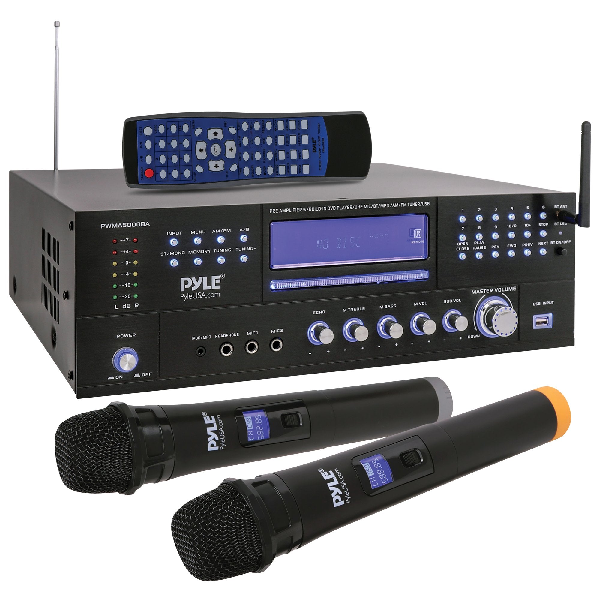  PYLE PWMA5000BA 4Ch 3000W Rack Home Theater Preamp Receiver w/BT & 2 UHF Mics 