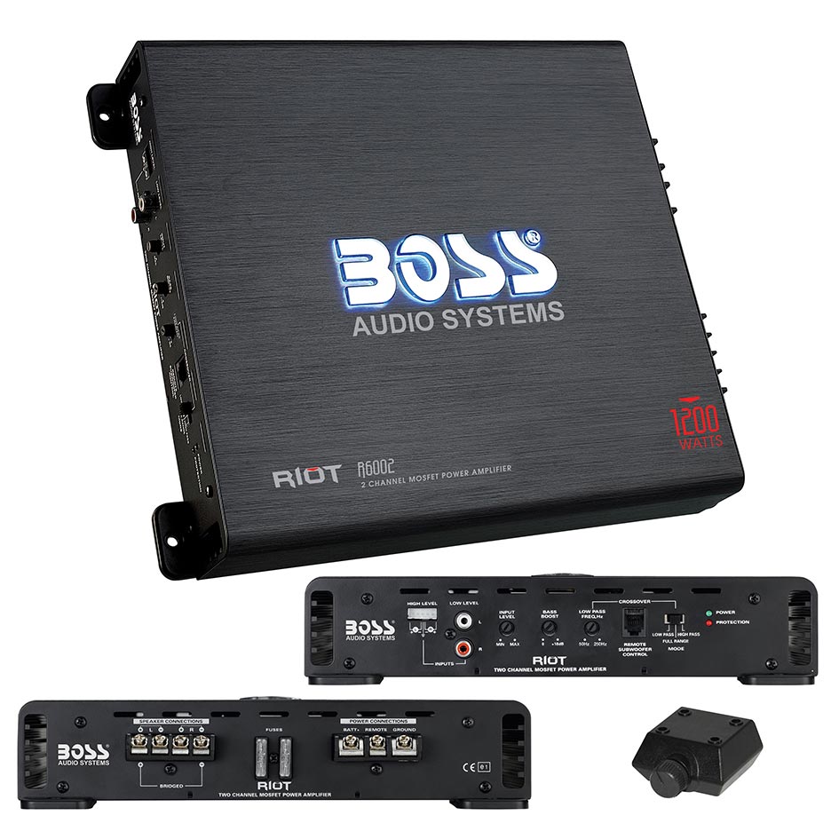  BOSS AUDIO R6002 Riot 1200-Watt Full Range, Class A/B 2 to 8 Ohm Stable 2 Channel Amplifier with Remote Subwoofer Level Control 