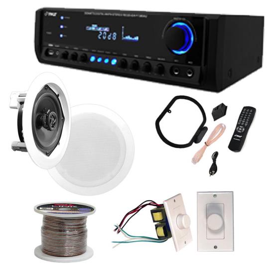  2 Pairs 150W 5.25" Wall / Ceiling White Speakers w/200W Receiver & 2 Vol Control 