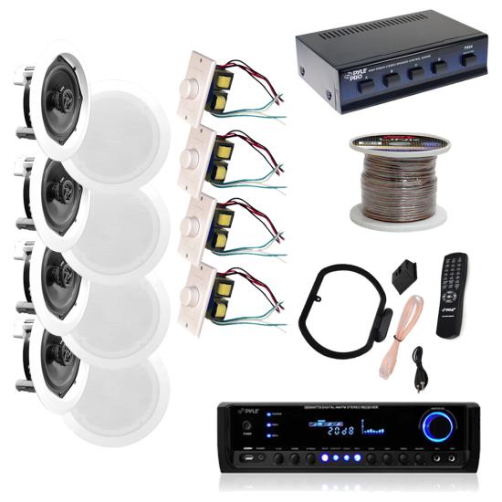  4 Pairs 150W 5.25" Wall / Ceiling White Speakers w/ 300W Receiver 4 Vol Controls 