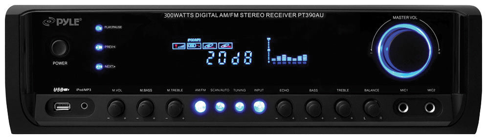  Pyle PT390AU 300 Watt Stereo Receiver, Aux (3.5mm) Input, MP3/USB/AM/FM Radio, (2) Mic Inputs 