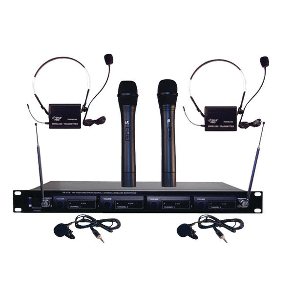  Pyle PDWM4300 VHF Wireless Rack Mount Microphone System with (2) Handheld Mics (2) Belt Pack Transmitters (2) Lavalier & (2) Headset Mics 