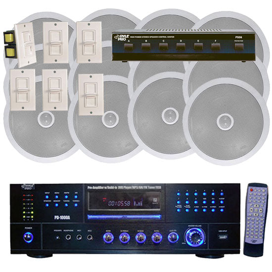  Pyle KTHPK204 1000 Watt 6 Channel In-Ceiling Speaker System With w/Built-in DVD/MP3/USB & Wall Mount Volume Control 