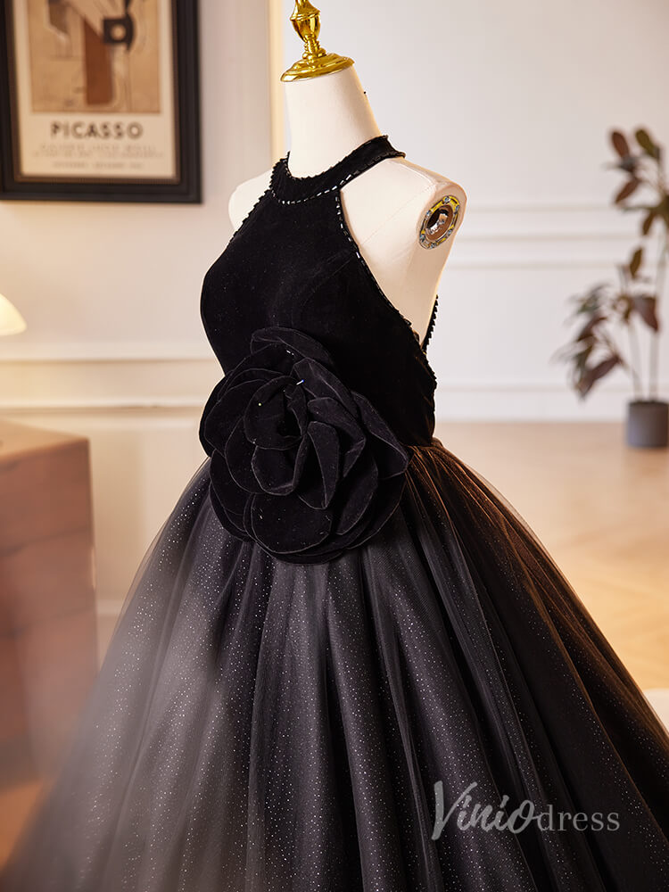Black Rosette Sparkly Tulle Prom Dresses Halter Neck Velvet Bodice 90029
