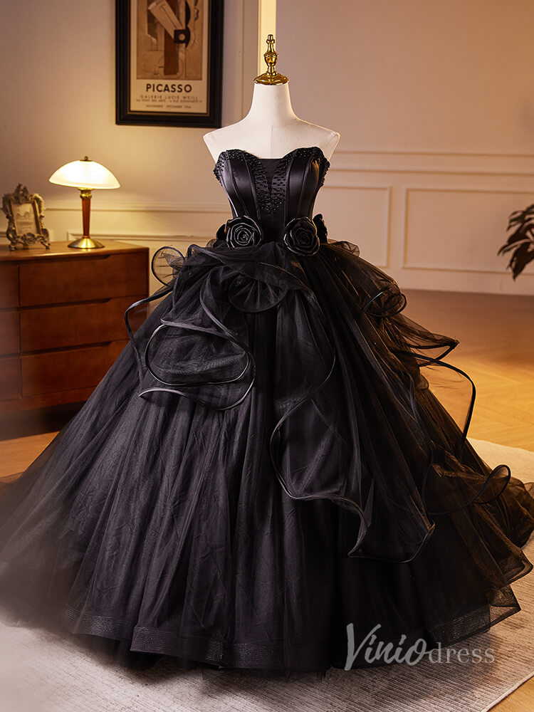 Black Ruffled 3D Flower Rosette Prom Dresses Strapless Tulle Quinceanera Dress 90028