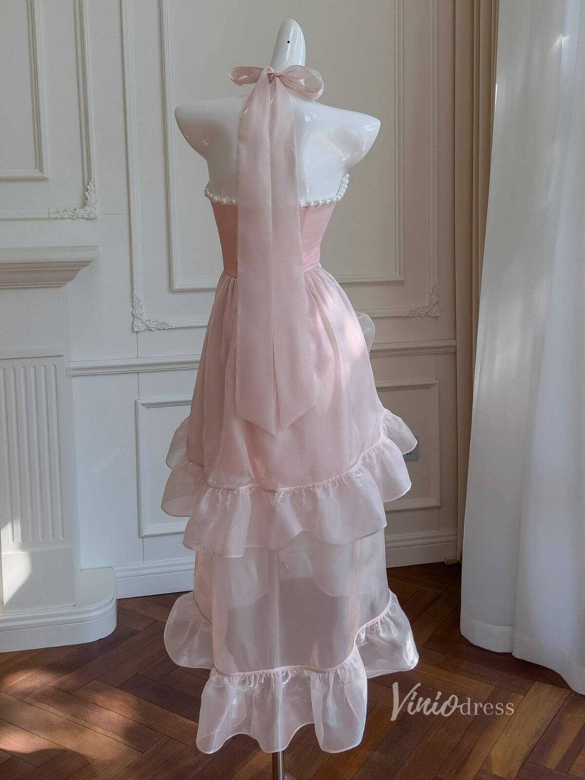 Blush Pink High Low Ruffle Prom Dresses Pearl Neckline Bow Halter Neck FD4032