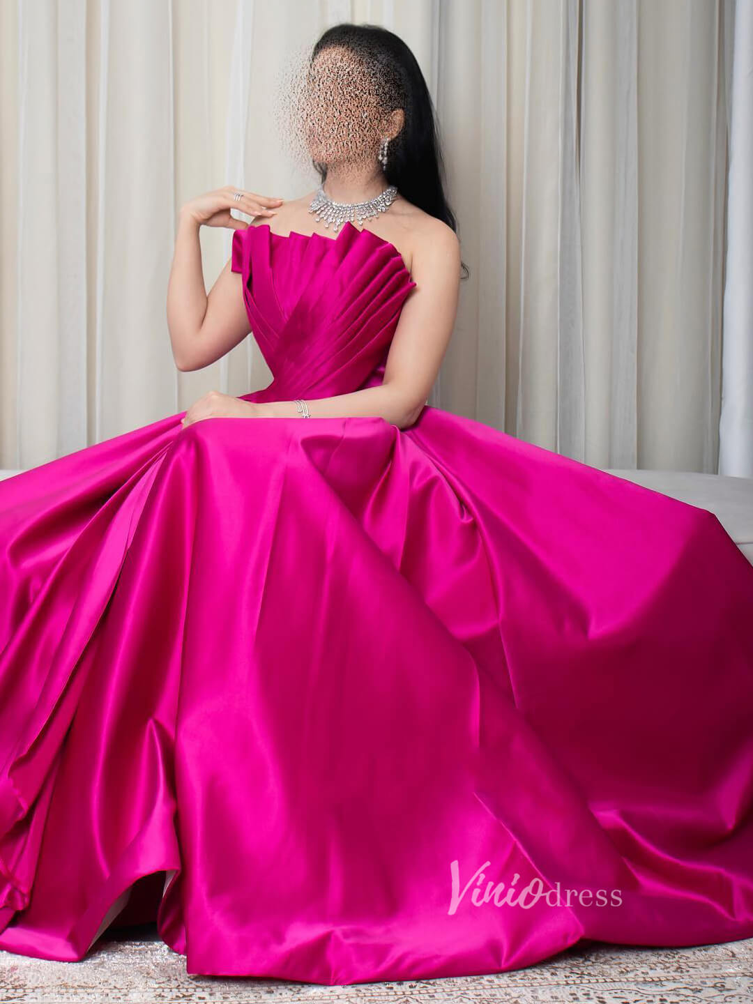 Fuchsia Strapless Satin Prom Dresses Pleated Bodice Formal Gown 90077