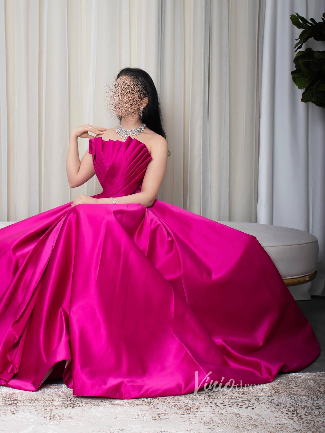 Fuchsia Strapless Satin Prom Dresses Pleated Bodice Formal Gown 90077