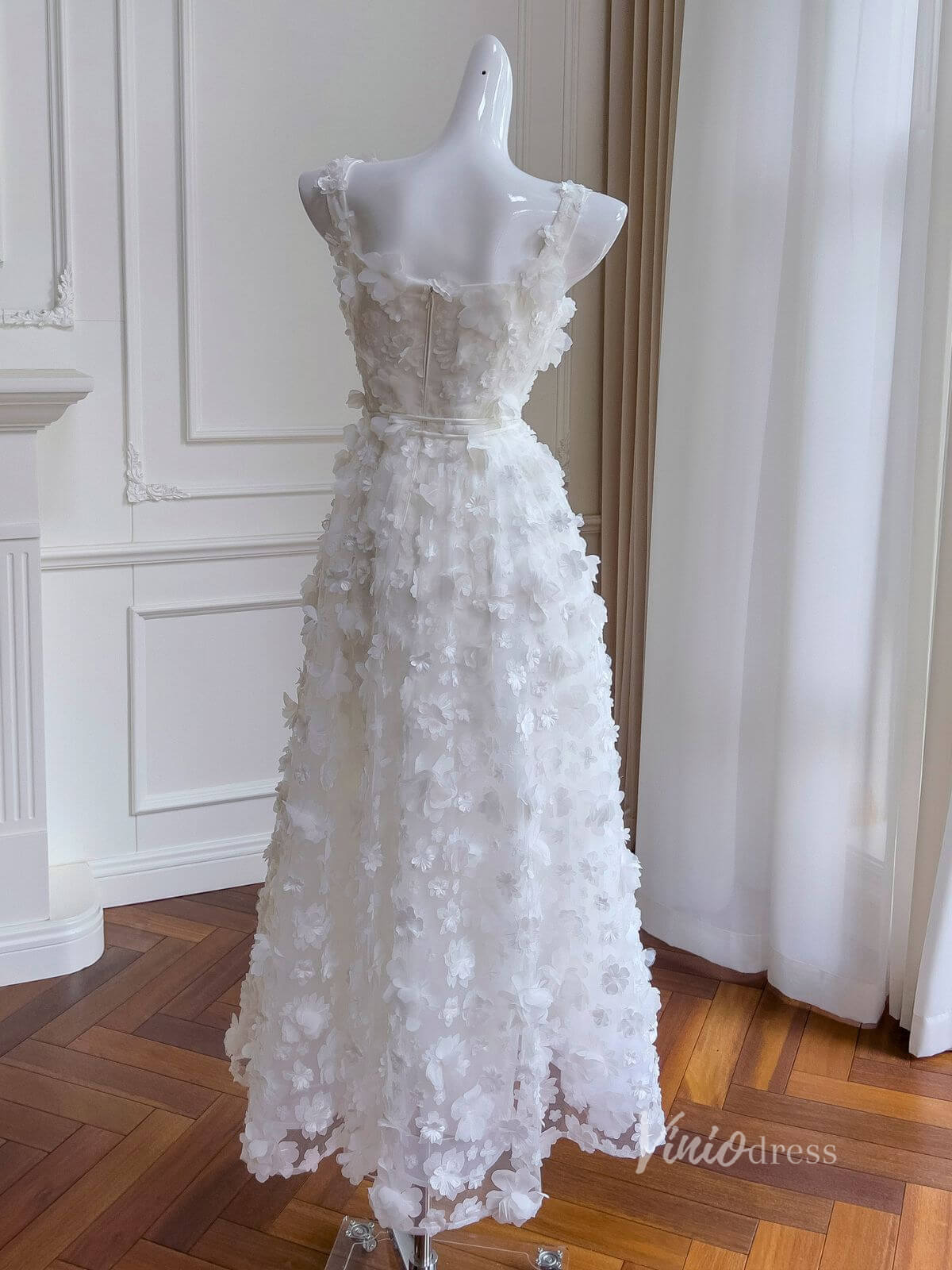 Ivory 3D Floral Lace Prom Dresses Spaghetti Strap Maxi Dress FD4030