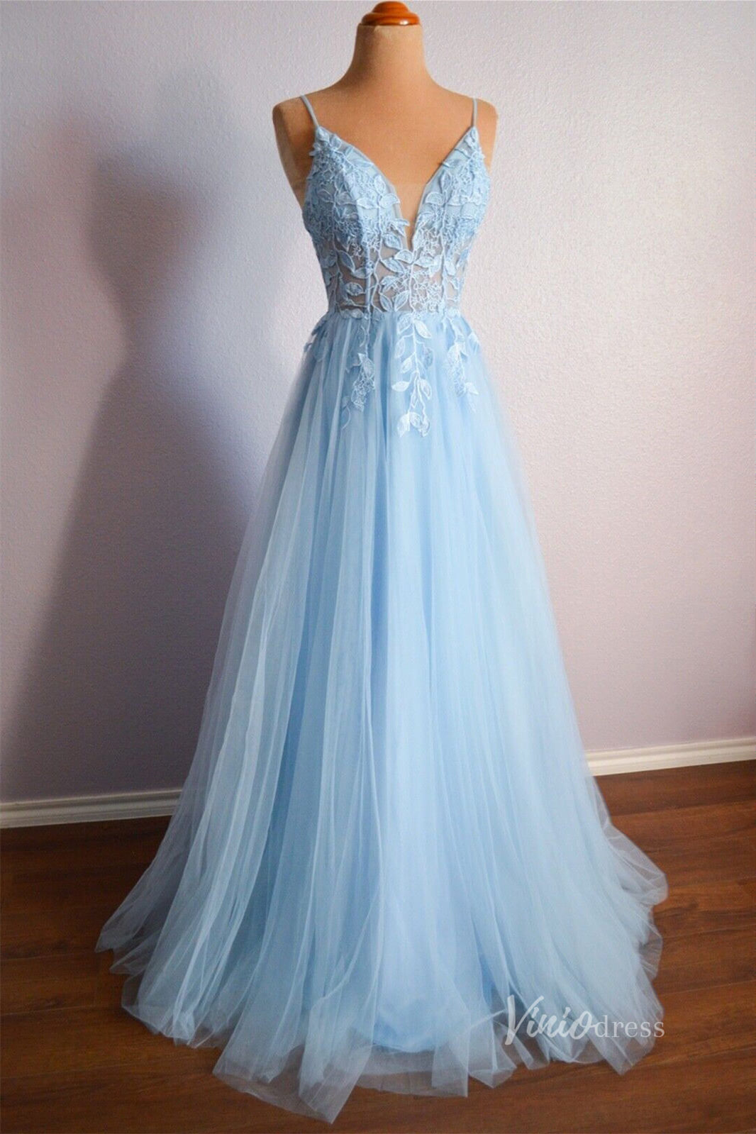 Light Blue Lace Applique Prom Dresses Sheer Bodice Spaghetti Strap FD3979
