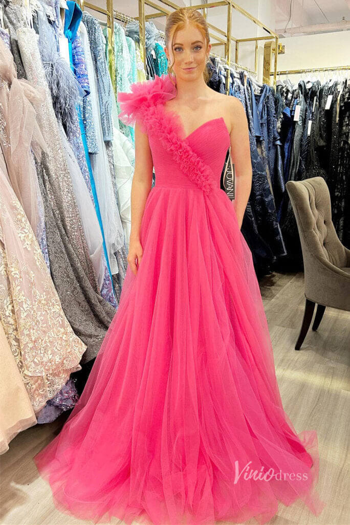 One Shoulder Ruffle Prom Dresses with Slit Pleated Bodice FD4030B